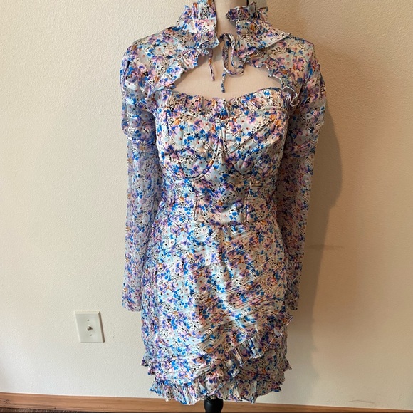 ASOS Design Floral Cupped Tie Neck Structured Ruched Mini - Picture 4 of 12